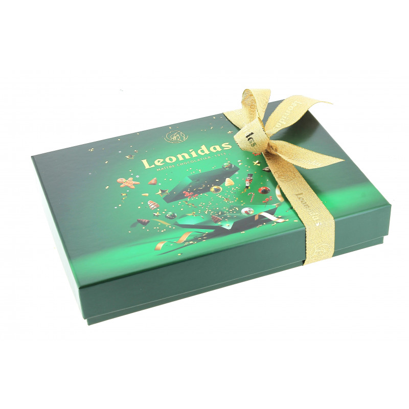 Coffret rectangle vert de Noël garni de 490 g de chocolats Leonidas