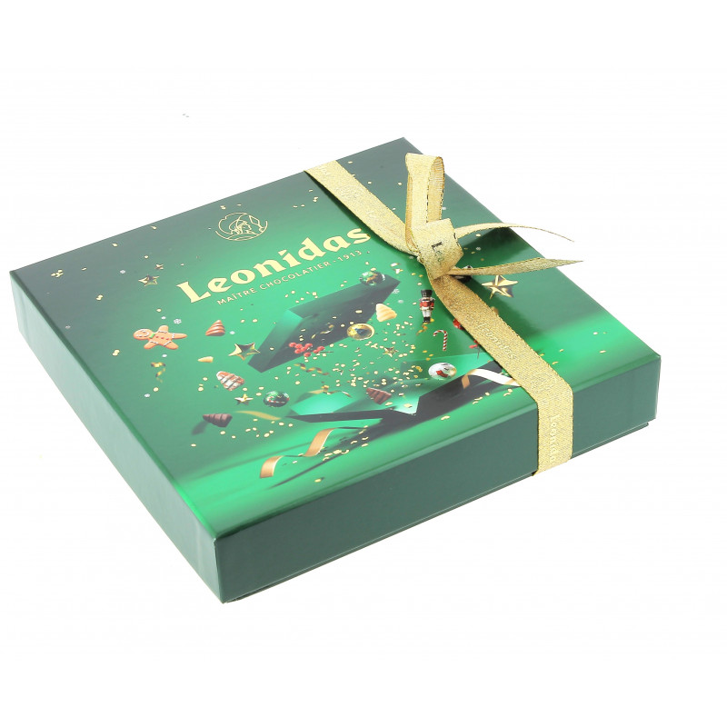 Coffret carré vert de Noël garni de 320 g de chocolats Leonidas